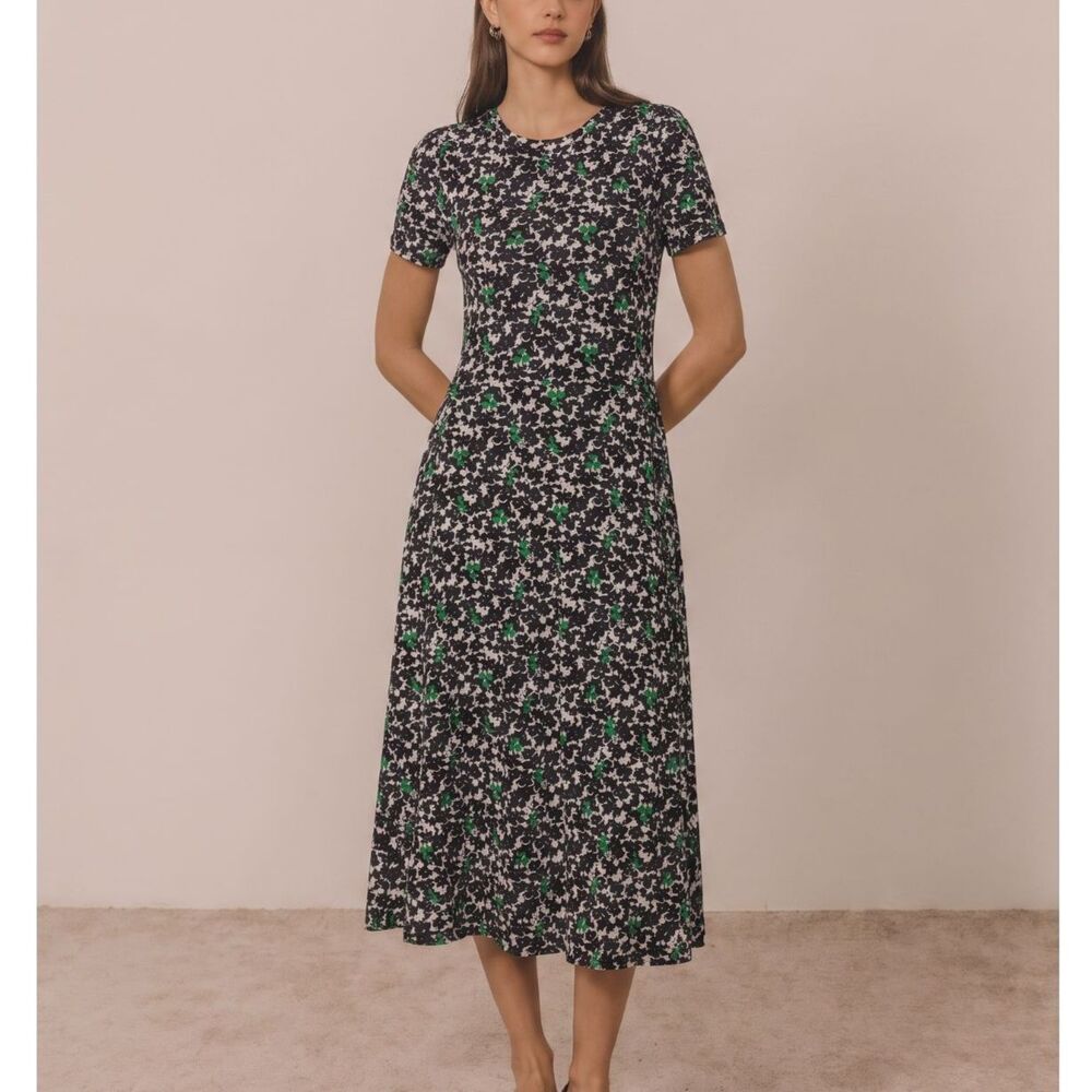 Boden Lucinda Jersey Midi Dress 8R Black Green Floral Pockets Stretch Casual